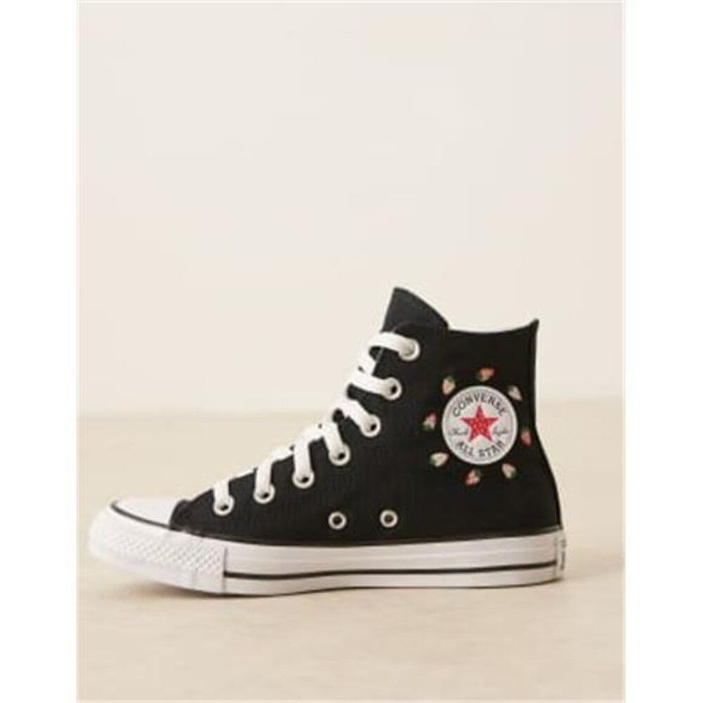 Converse Chuck Taylor All Star Hi trainers in black with embroidered strawberrie